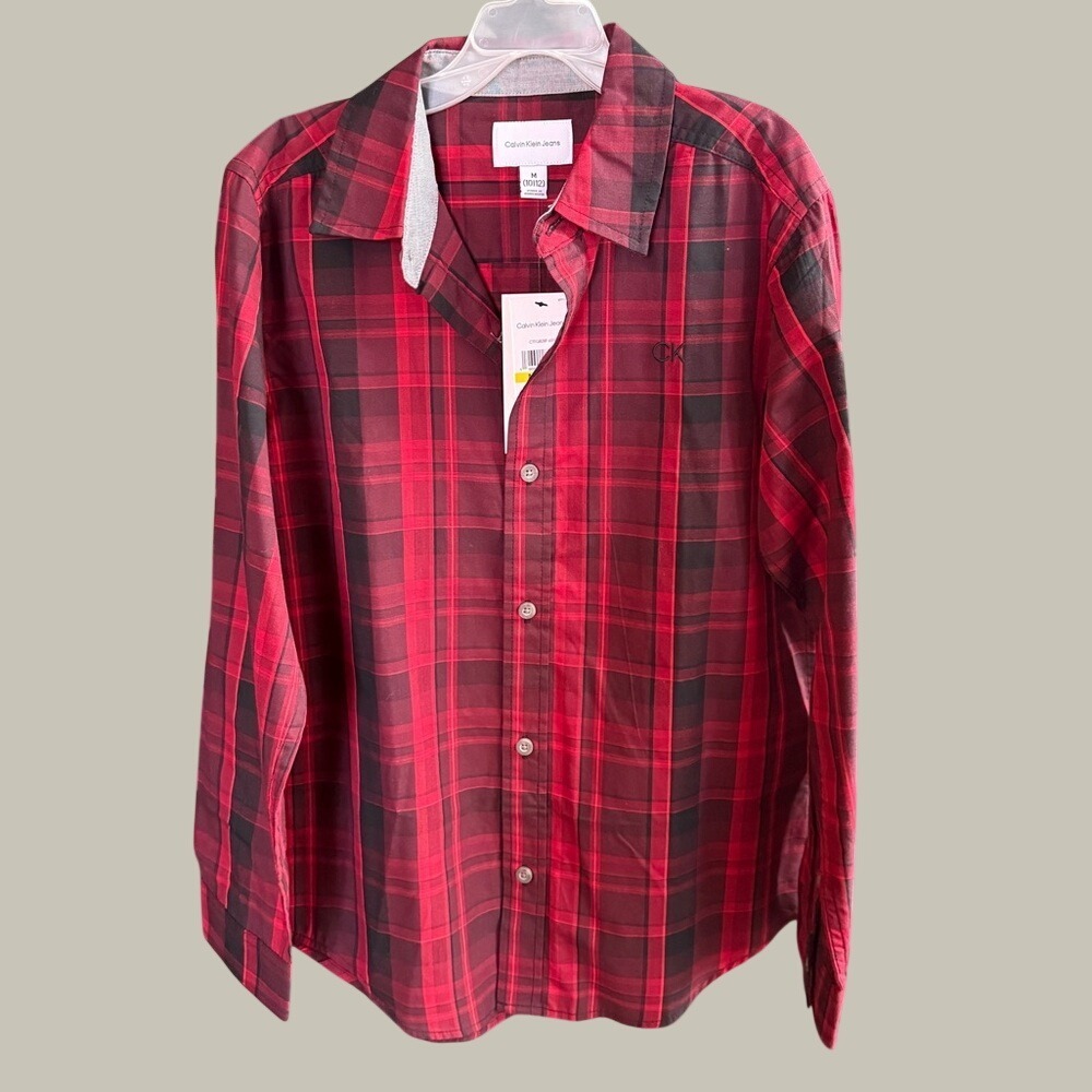 Calvin Klein Jeans Boys Red Plaid Button Down Shirt Size M 10-12 CTFGB28F-659